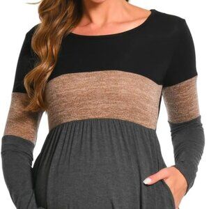 Bearsland Women’s Long Sleeve Maternity Patchwork Pregnancy Dress, Brown, L